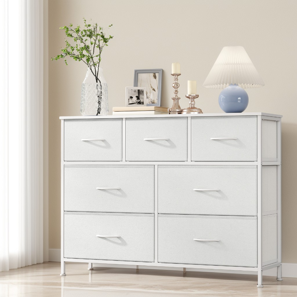 Modern 2-Drawer Storage Dresser, Steel Frame Fabric Chest of Drawers for Bedroom, Closet or Entryway, Cloud White and Snow White