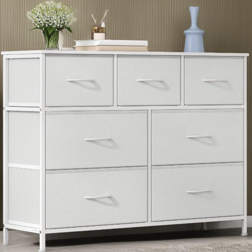 Modern 2-Drawer Storage Dresser, Steel Frame Fabric Chest of Drawers for Bedroom, Closet or Entryway, Cloud White and Snow White