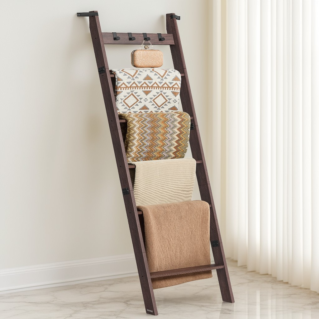 6-Tier Farmhouse Blanket Ladder Shelf, Leaning Storage Rack with 4 Hooks for Living Room Decor, Maroon Brown