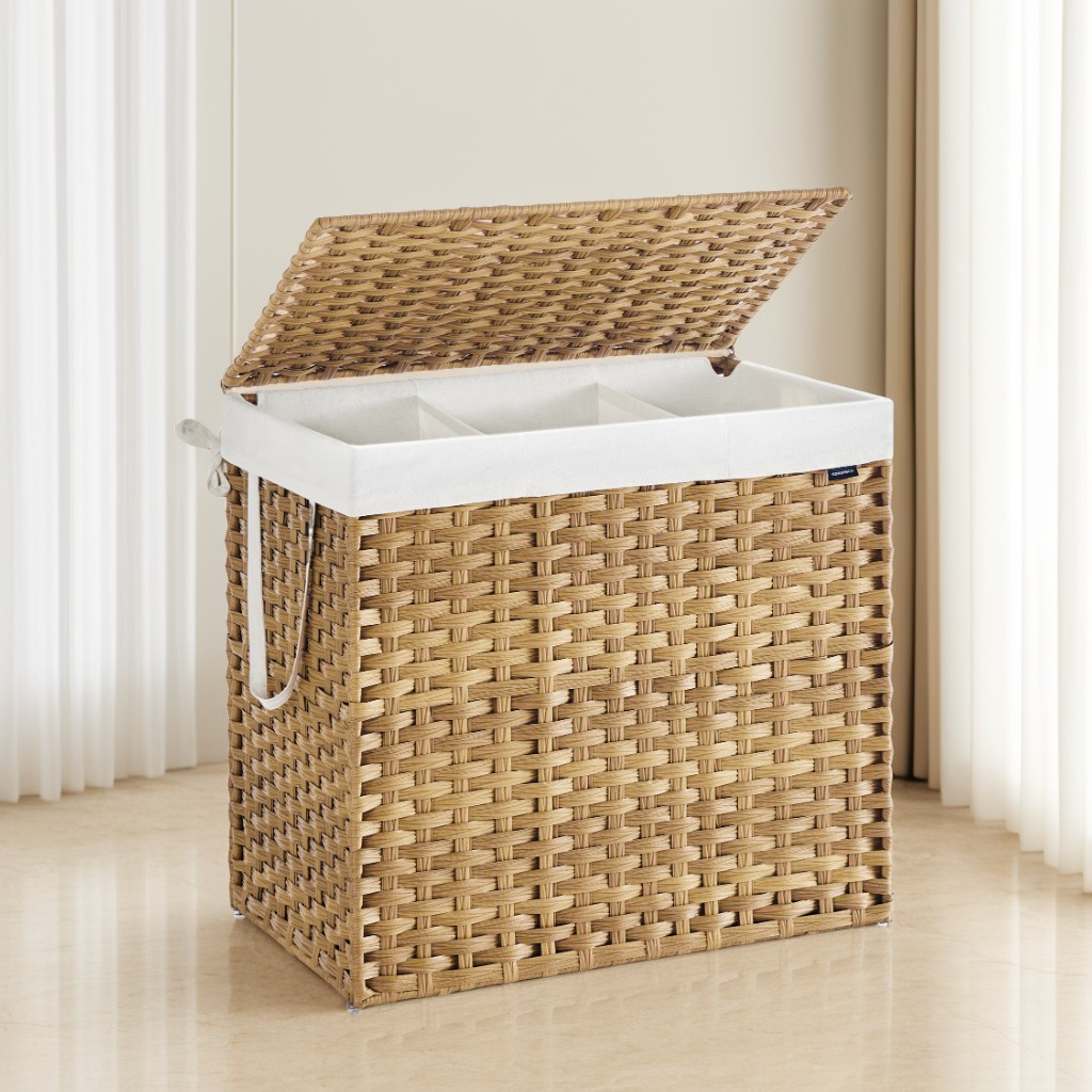 160 L Laundry Hamper with Lid, 3-Section Wicker Basket with Removable Liners and Mesh Bags, Double Laundry Organizer, Natural