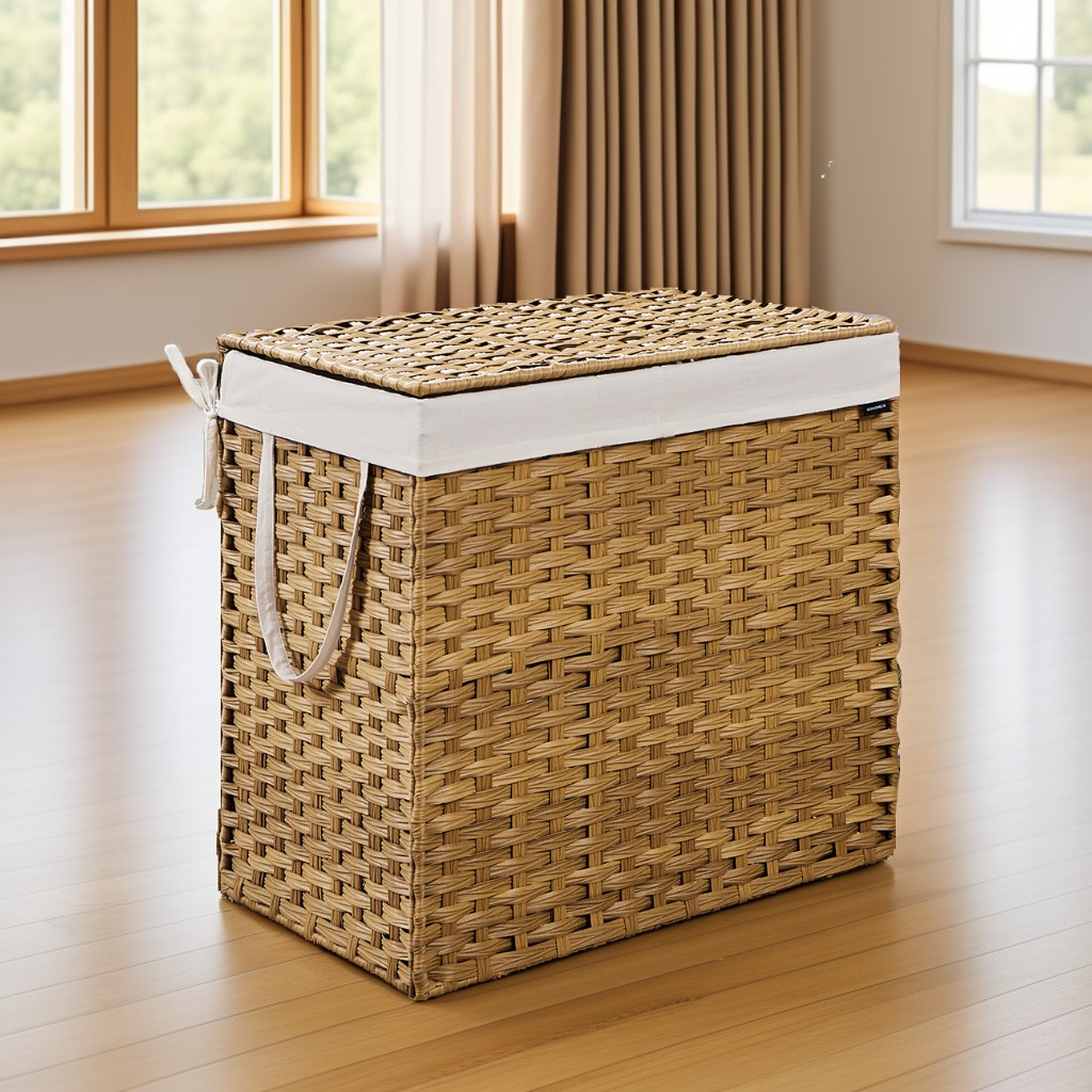 160 L Laundry Hamper with Lid, 3-Section Wicker Basket with Removable Liners and Mesh Bags, Double Laundry Organizer, Natural