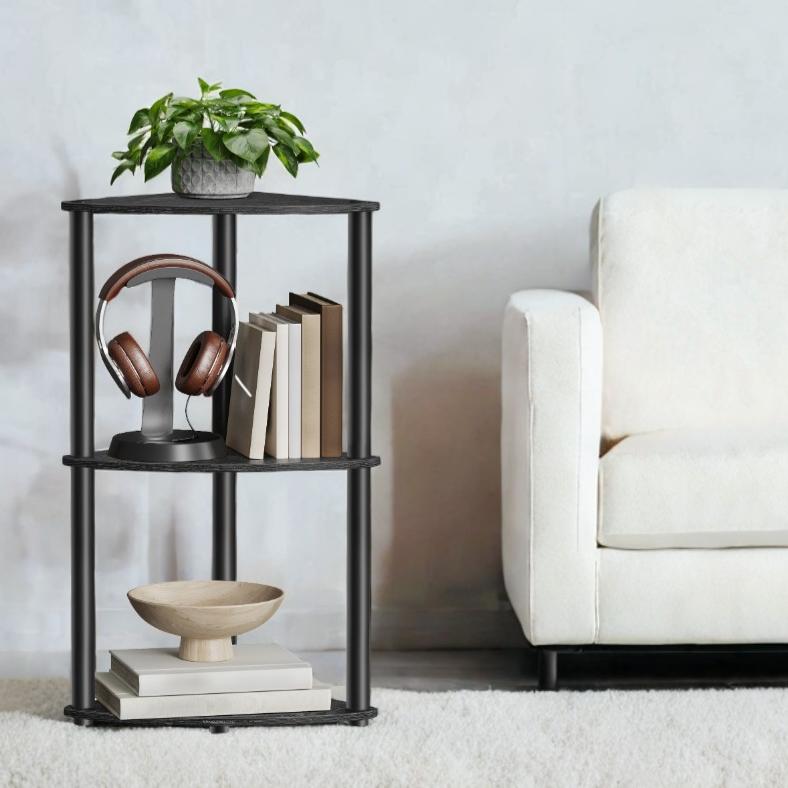 3-Tier Corner Shelf with Toolless Assembly, 15 x 10.6 Inch Standing Shelf for Living Room, Bedroom and Kitchen, Ink Black