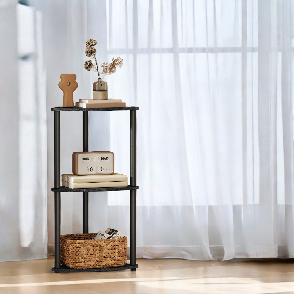 3-Tier Corner Shelf with Toolless Assembly, 15 x 10.6 Inch Standing Shelf for Living Room, Bedroom and Kitchen, Ink Black