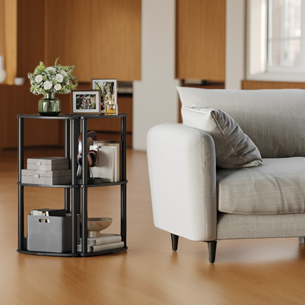 3-Tier Corner Shelf with Toolless Assembly, 15 x 10.6 Inch Standing Shelf for Living Room, Bedroom and Kitchen, Ink Black