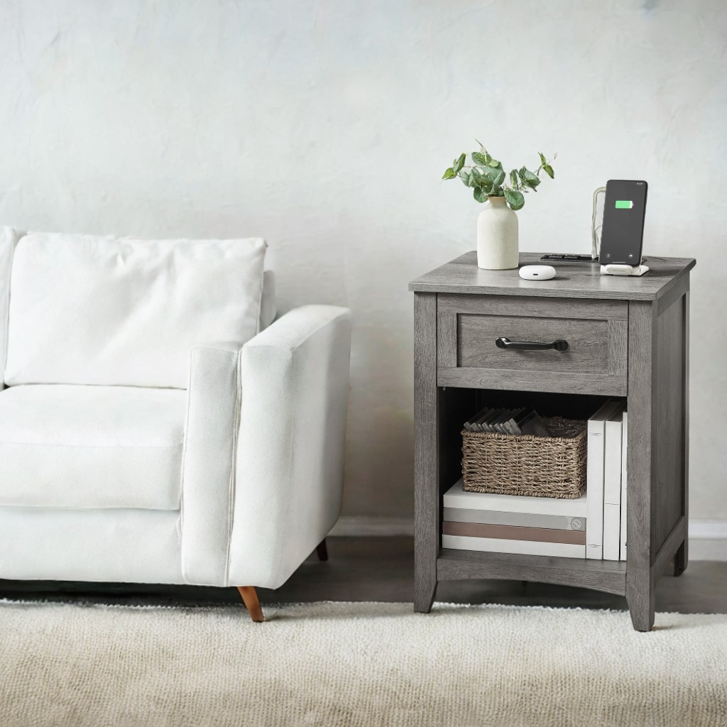 Set of 2 Farmhouse Nightstands with Charging Station, Side Tables with Drawer and Open Shelf for Bedroom, Misty Gray