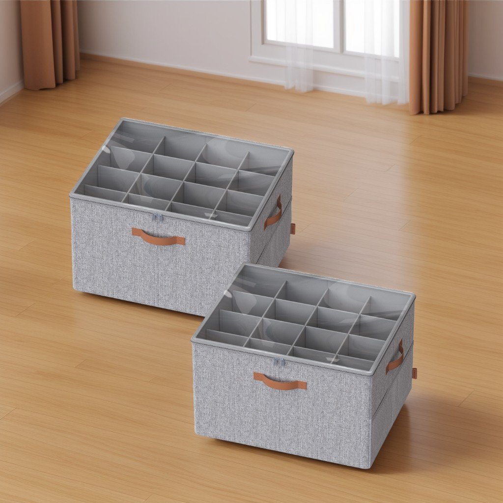 Pack of 2 Shoe Storage Bins with Clear Cover, Adjustable Dividers Fabric Organizers for 32 Pairs of Shoes, Dove Gray