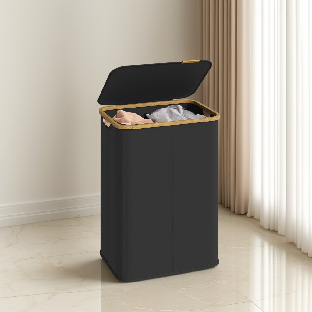 26.4 Gallon Laundry Hamper with Lid, Foldable Bamboo Frame Storage Basket for Bedroom and Living Room, Ink Black