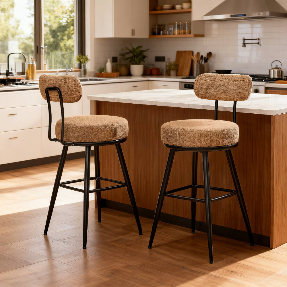 Bar Stools Set of 2, Counter Height Swivel Stools with Boucle Fabric & Curved Back, 360° Rotation Seat, Contemporary Modern Kitchen Island Chairs, Camel Brown