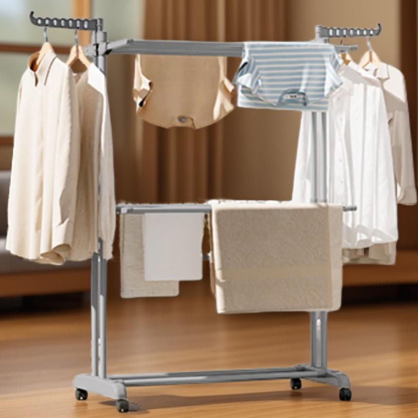 3-Tier Foldable Clothes Drying Rack, 58.3-Inch Stainless Steel Laundry Rack with Wheels for Indoor Outdoor Use, Dove Gray
