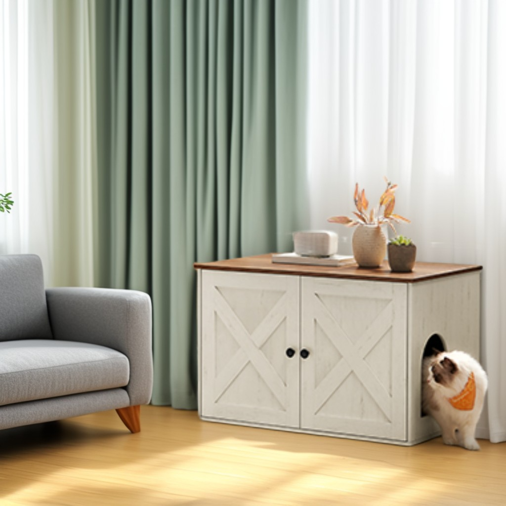 Litter Box Enclosure Furniture, Hidden Indoor Cat House and End Table, 27.6 x 19.7 Inches, Rustic White and Honey Brown