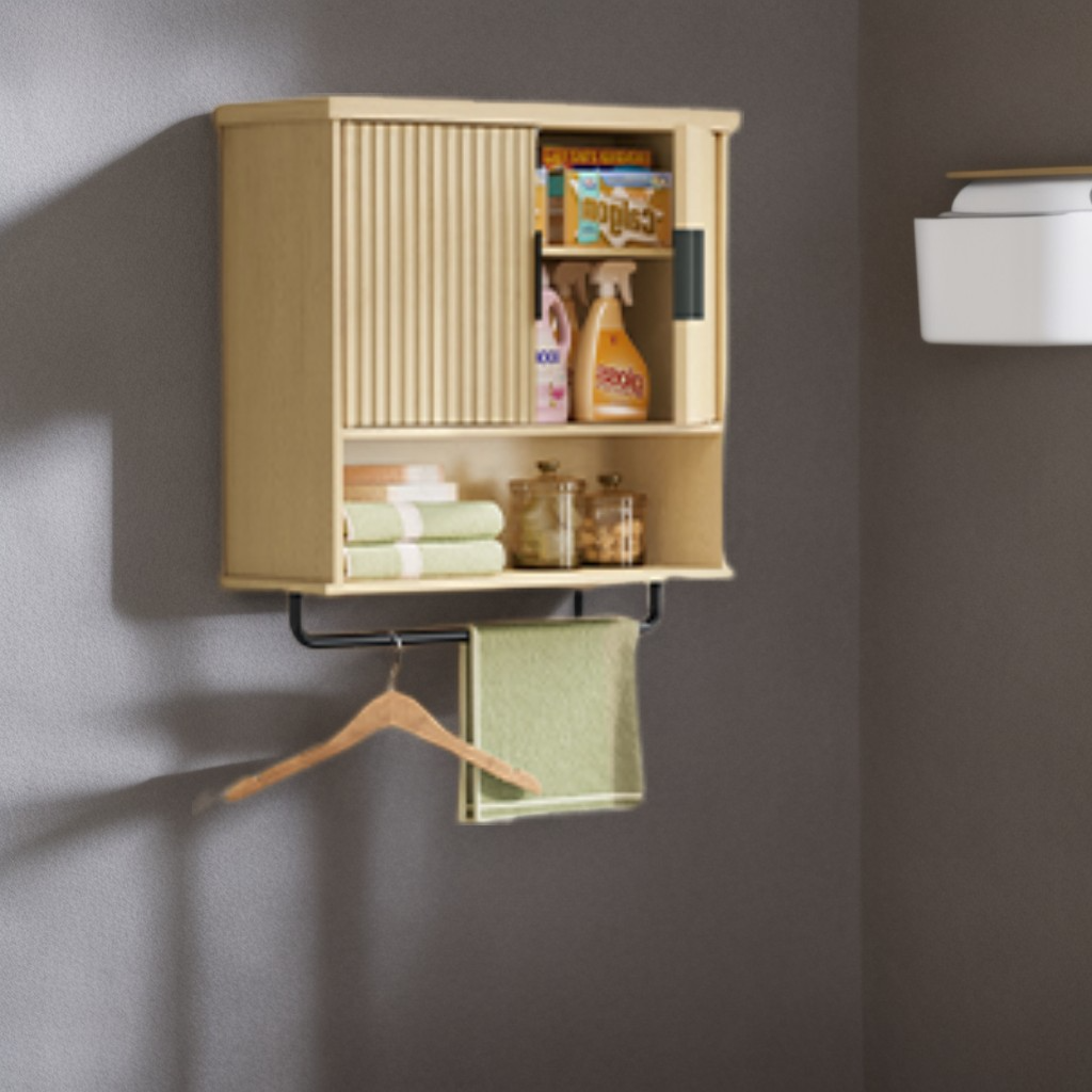 Wall-Mounted Over Toilet Cabinet with Adjustable Shelf, Fluted Doors Hanging Cabinet and Towel Bar, 23.6 x 28.7 Inches, Oak Beige