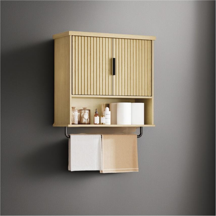 Wall-Mounted Over Toilet Cabinet with Adjustable Shelf, Fluted Doors Hanging Cabinet and Towel Bar, 23.6 x 28.7 Inches, Oak Beige