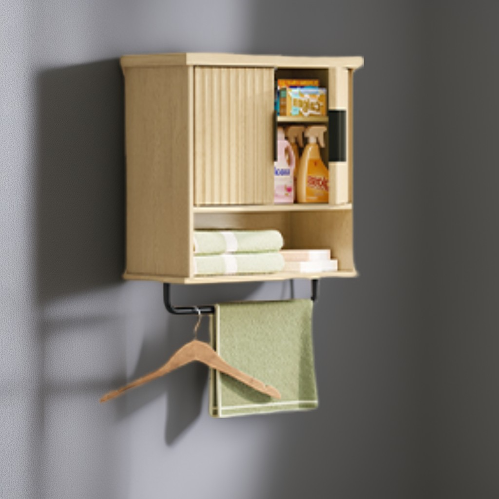 Wall-Mounted Over Toilet Cabinet with Adjustable Shelf, Fluted Doors Hanging Cabinet and Towel Bar, 17.7 x 24 Inches, Oak Beige