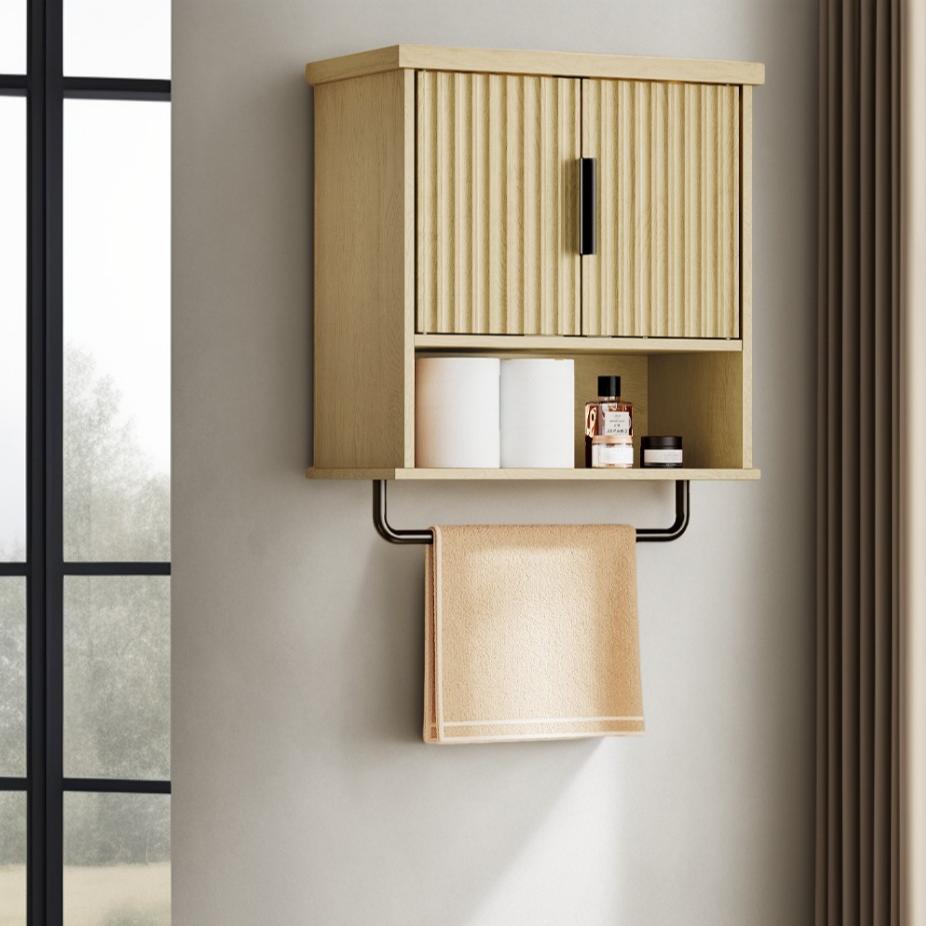 Wall-Mounted Over Toilet Cabinet with Adjustable Shelf, Fluted Doors Hanging Cabinet and Towel Bar, 17.7 x 24 Inches, Oak Beige
