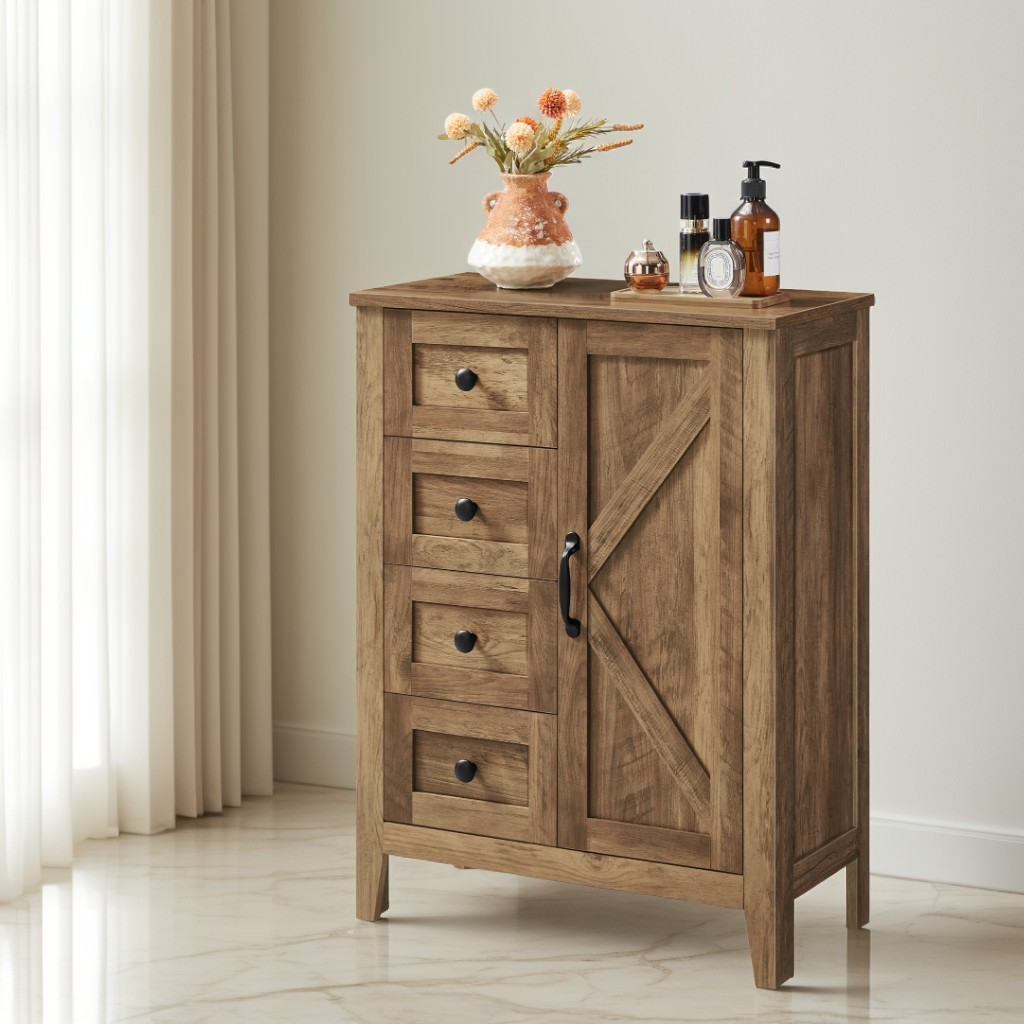 Farmhouse Storage Cabinet with 4 Drawers and Adjustable Shelf, Barn Door Floor Cabinet for Bathroom and Living Room, Honey Brown