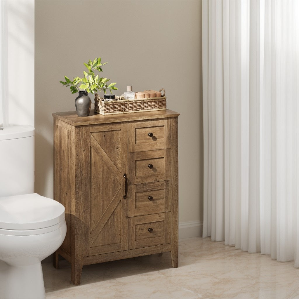 Farmhouse Storage Cabinet with 4 Drawers and Adjustable Shelf, Barn Door Floor Cabinet for Bathroom and Living Room, Honey Brown