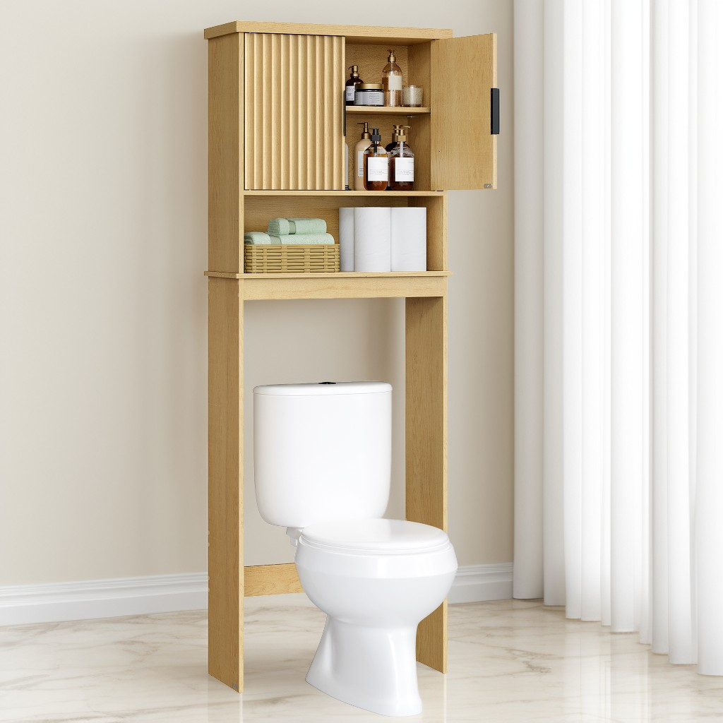 Over-The-Toilet Storage Cabinet with Fluted Doors, Adjustable Shelf Mid Century Modern Bathroom Organizer, 23.6 Inch Wide, Oak Beige