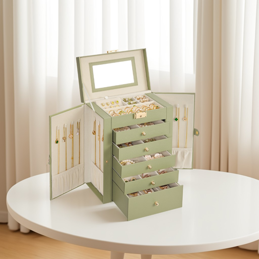 6-Layer Jewelry Box with Lock and Mirror, 5-Drawer Jewelry Storage Organizer for Necklaces and Watches, Sage Green