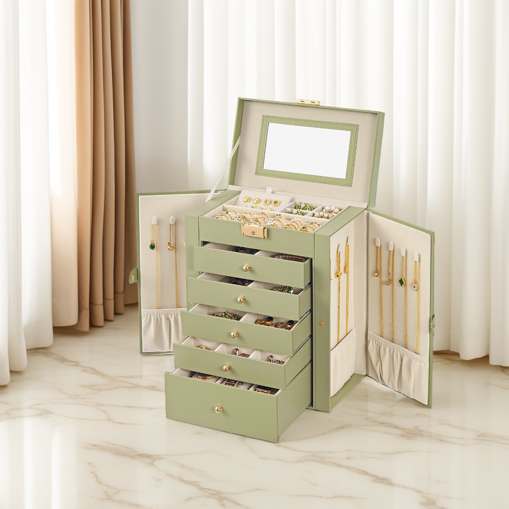 6-Layer Jewelry Box with Lock and Mirror, 5-Drawer Jewelry Storage Organizer for Necklaces and Watches, Sage Green