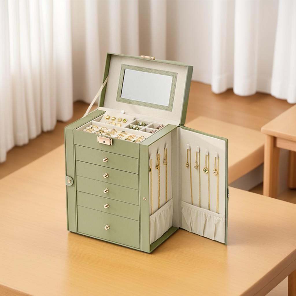 6-Layer Jewelry Box with Lock and Mirror, 5-Drawer Jewelry Storage Organizer for Necklaces and Watches, Sage Green