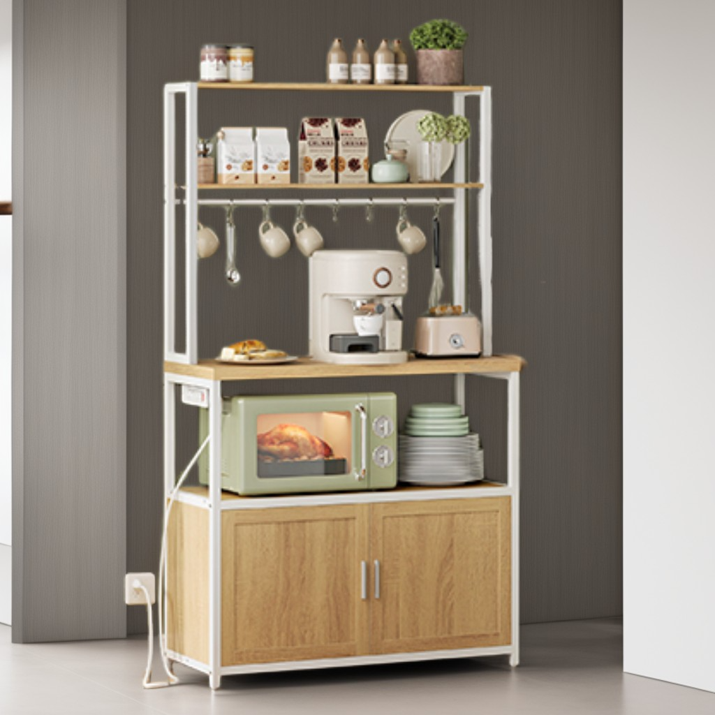 Kitchen Bakers Rack with Power Outlet, Coffee Bar with 35.4-Inch High Worktop and Microwave Stand, Golden Oak and Cloud White