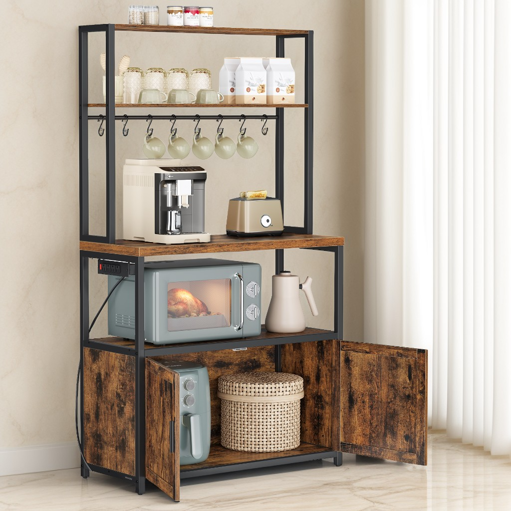 Kitchen Bakers Rack with Power Outlet, Coffee Bar with 35.4-Inch High Worktop and Microwave Stand, Rustic Brown and Ink Black