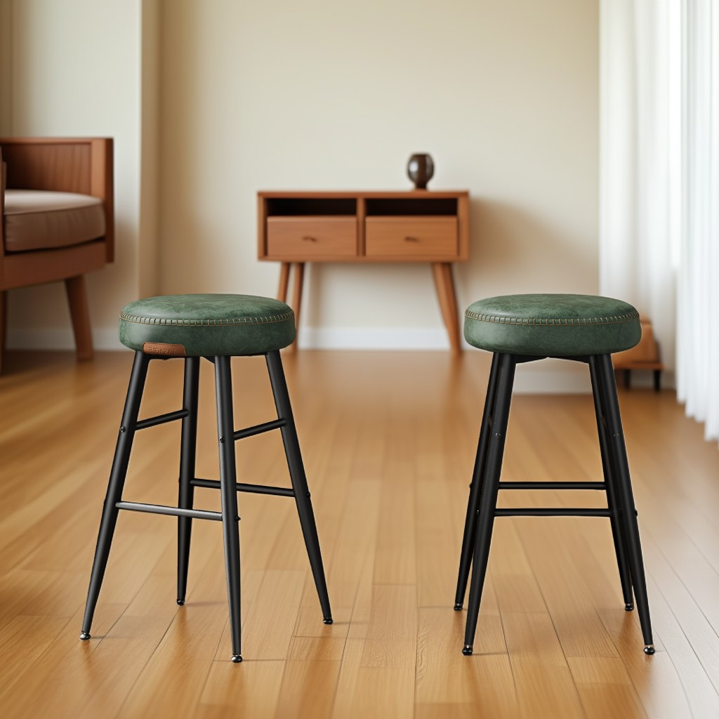 Set of 2 Counter Height Bar Stools, Mid-Century Modern Backless Stools with Staggered Footrests, 24.8-Inch Tall, Forest Green