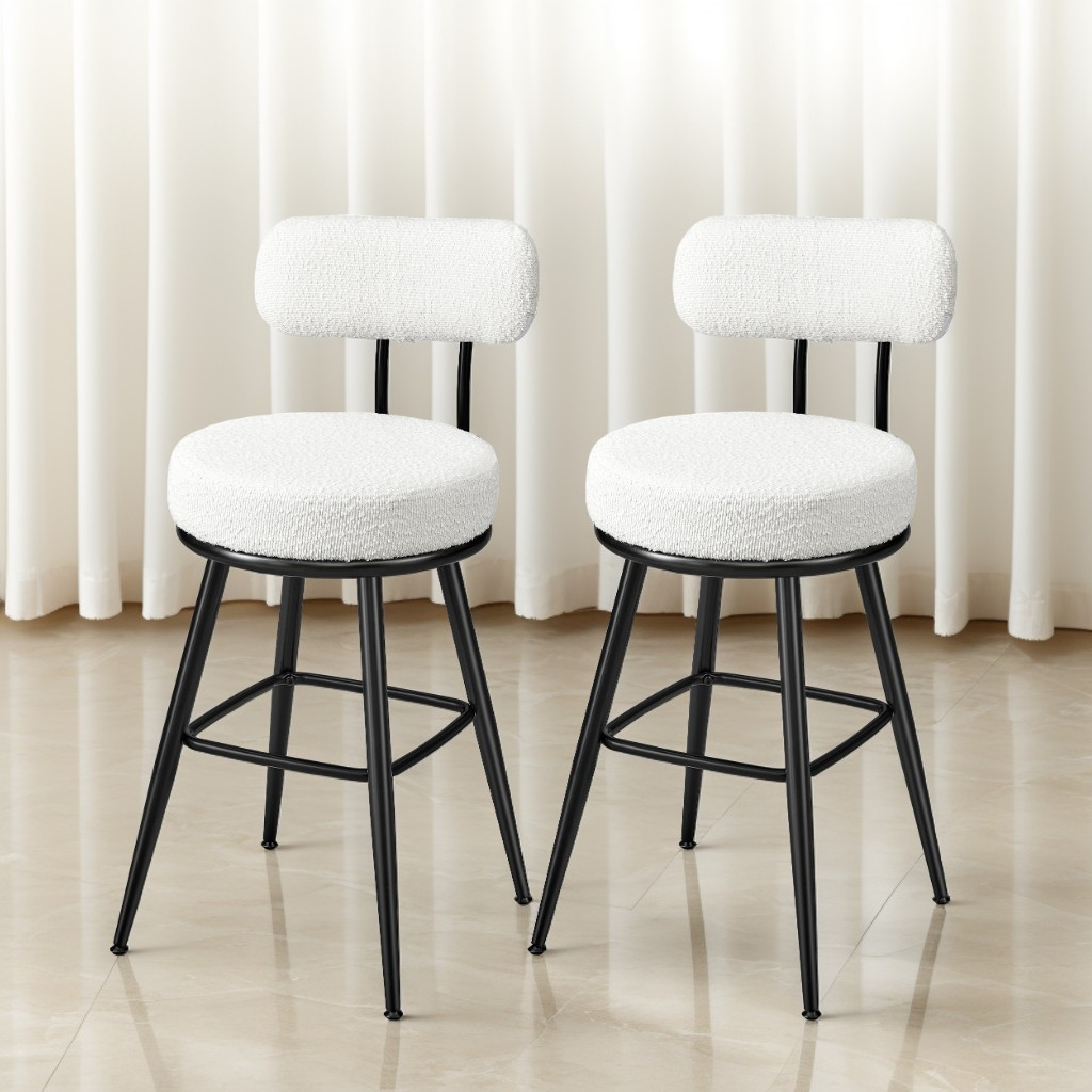 Set of 2 Swivel Bar Stools with Back, Counter Height Boucle Fabric Stools, 25.4-Inch Tall Modern Kitchen Stools, Cloud White