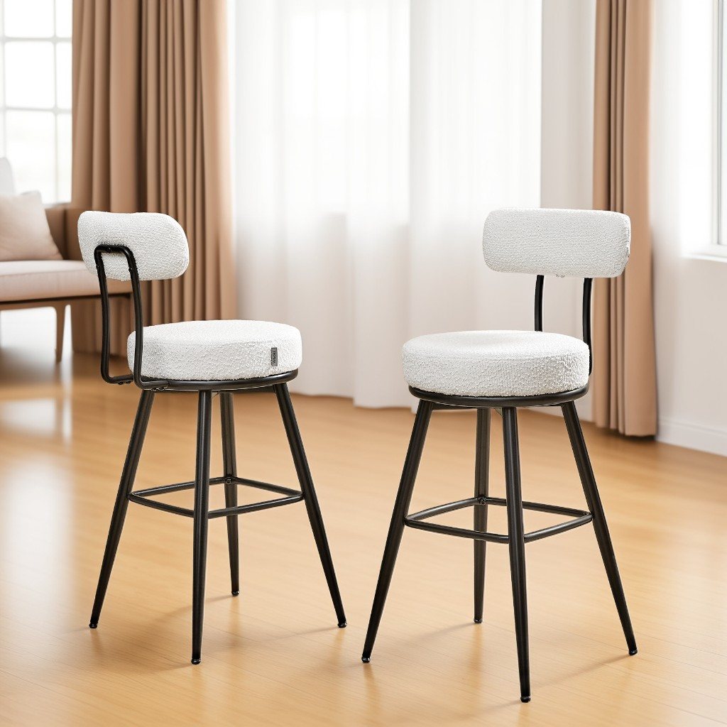 Set of 2 Swivel Bar Stools with Back, Counter Height Boucle Fabric Stools, 25.4-Inch Tall Modern Kitchen Stools, Cloud White