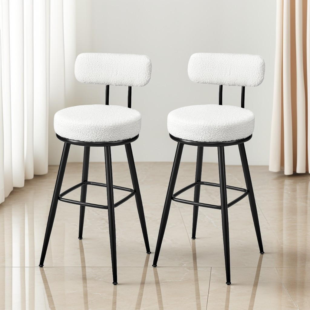 Set of 2 Swivel Bar Stools with Back, Bar Height Boucle Fabric Stools, 30.1-Inch Tall Modern Kitchen Stools, Cloud White
