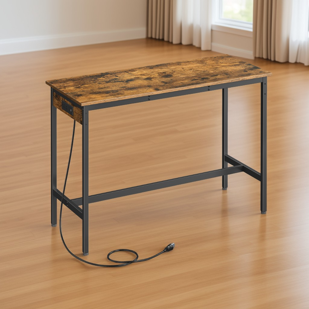 Narrow Bar Table with Charging Station, 47.2 Inch Kitchen Dining Table with USB Ports and Metal Frame, Rustic Brown and Ink Black