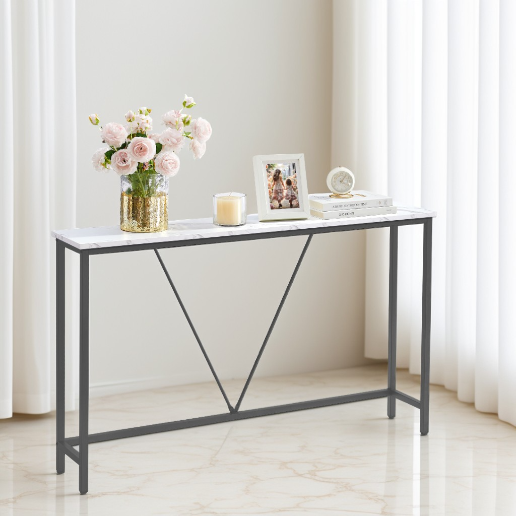 Narrow Console Sofa Table, 47.2-Inch Entryway Table with Steel Frame for Living Room and Bedroom, Marble White and Ink Black