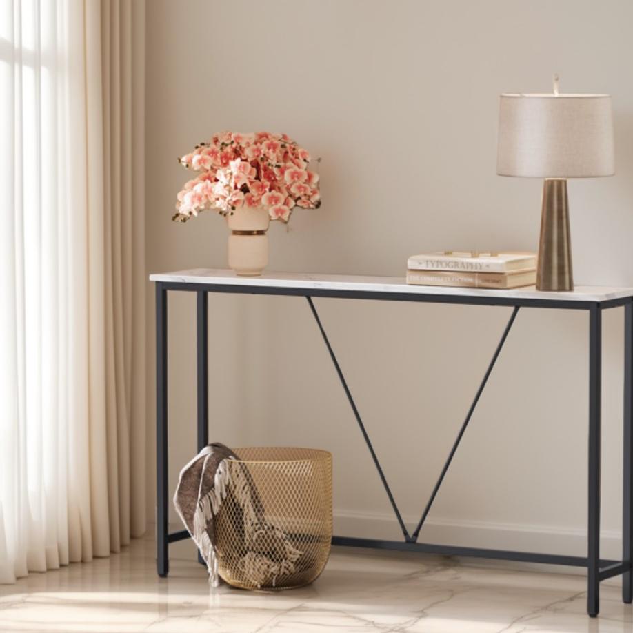 Narrow Console Sofa Table, 47.2-Inch Entryway Table with Steel Frame for Living Room and Bedroom, Marble White and Ink Black