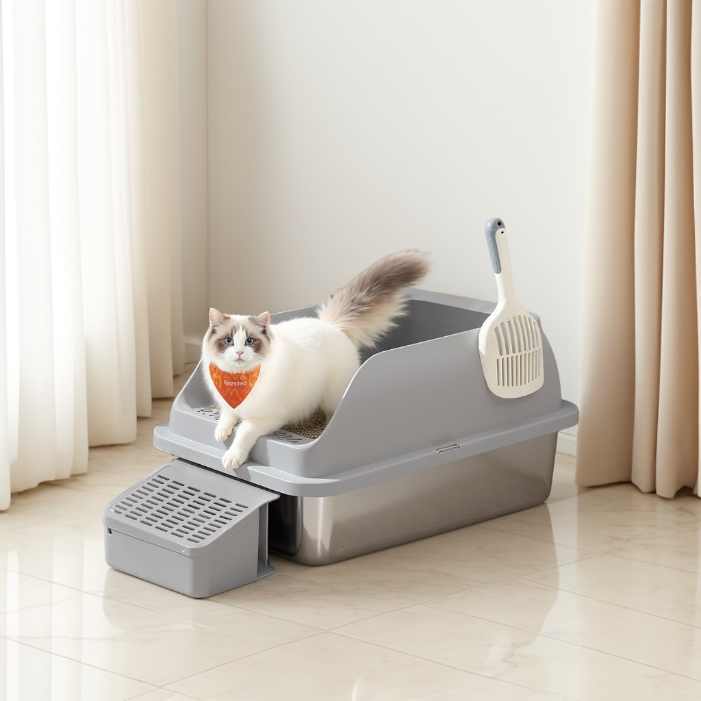 Stainless Steel Open Top Cat Litter Box with Step, High-Sided Litter Tray for Cats up to 33 lb, Slate Gray