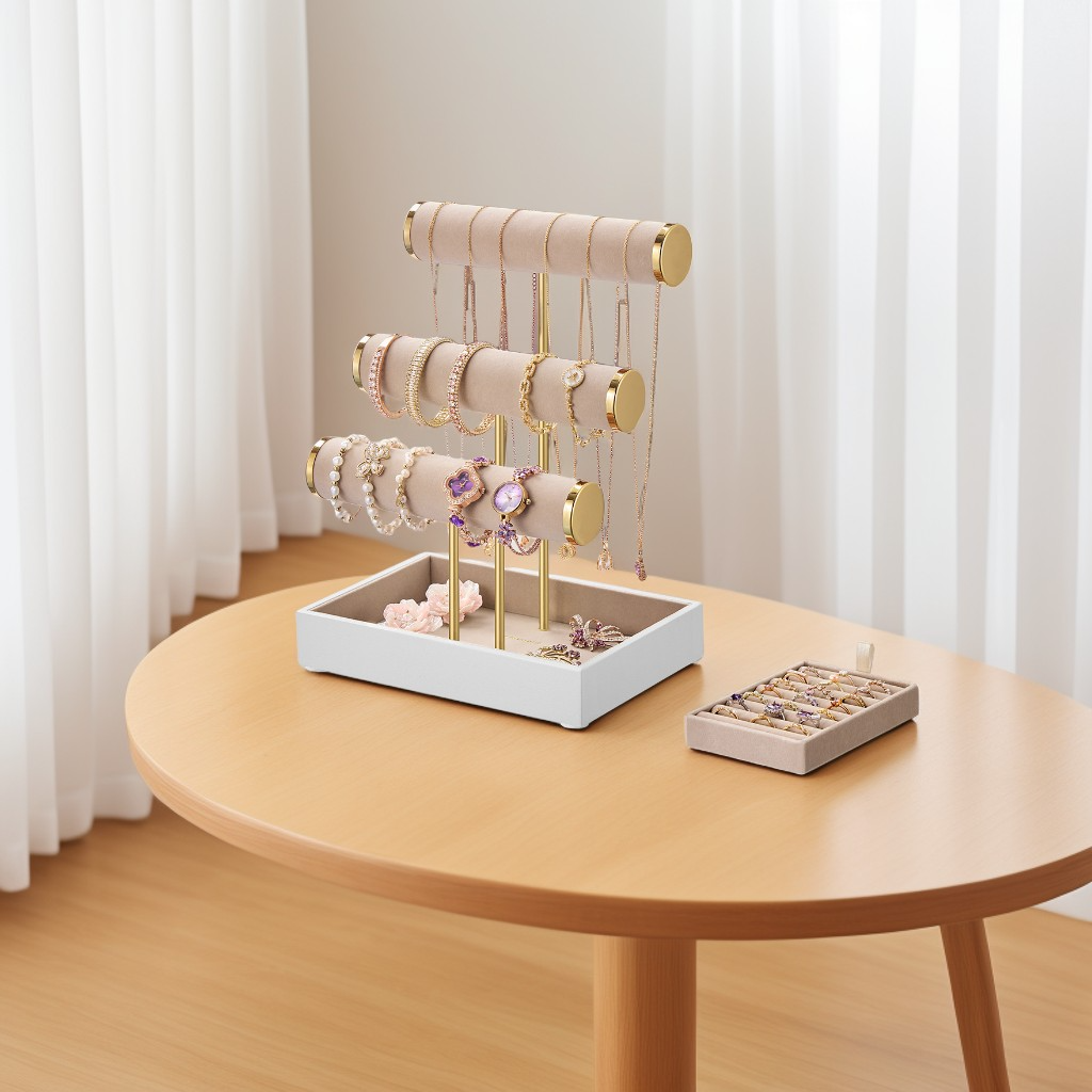 3-Tier Bracelet Holder Stand with Velvet Tray and Removable Ring Holder, Jewelry Display Organizer, Cloud White and Camel Brown