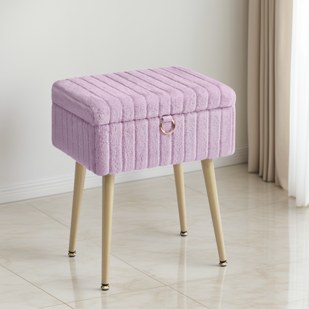 Vanity Stool with Storage and Removable Dividers, Makeup Stool and Footrest with Adjustable Feet for Bedroom and Living Room, Light Lilac