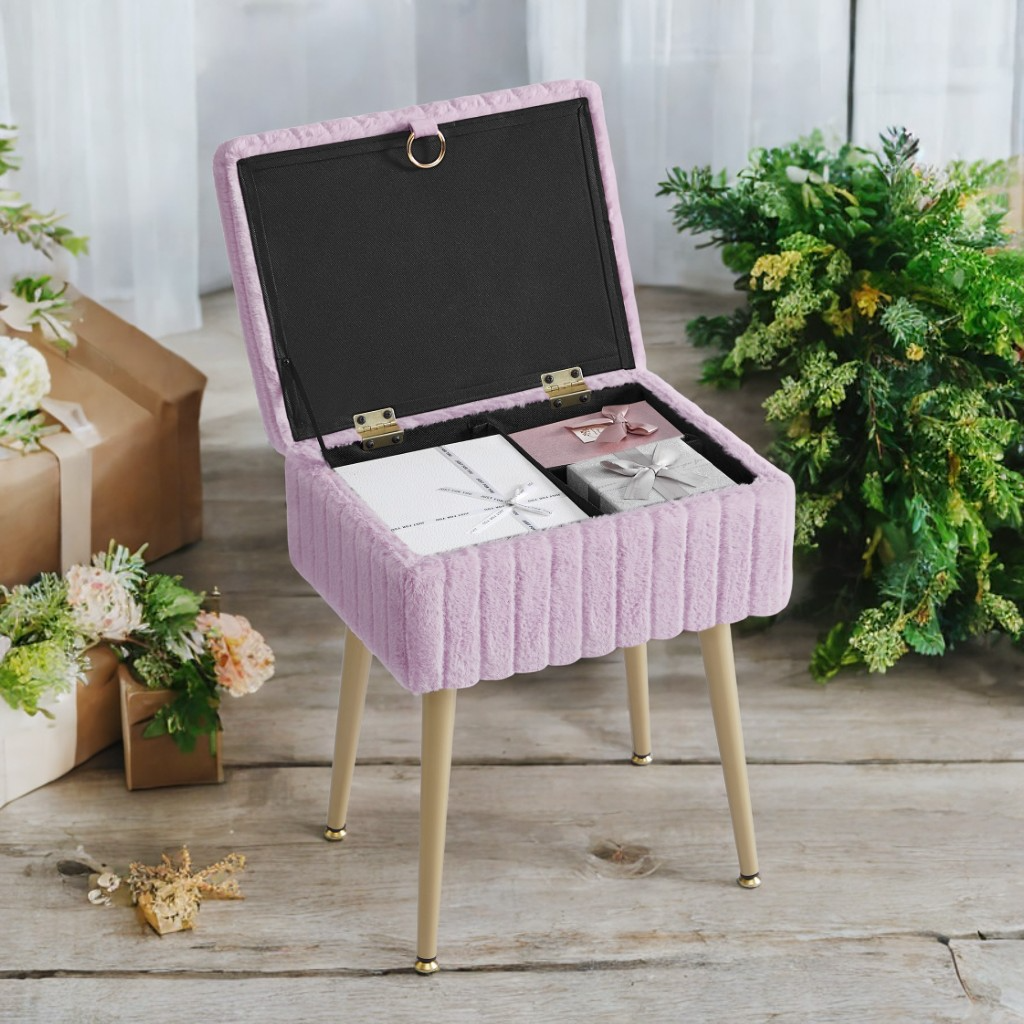 Vanity Stool with Storage and Removable Dividers, Makeup Stool and Footrest with Adjustable Feet for Bedroom and Living Room, Light Lilac