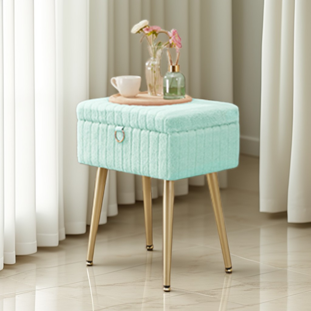 Vanity Stool with Storage and Removable Dividers, Makeup Stool and Footrest with Adjustable Feet for Bedroom and Living Room, Moonlight Green