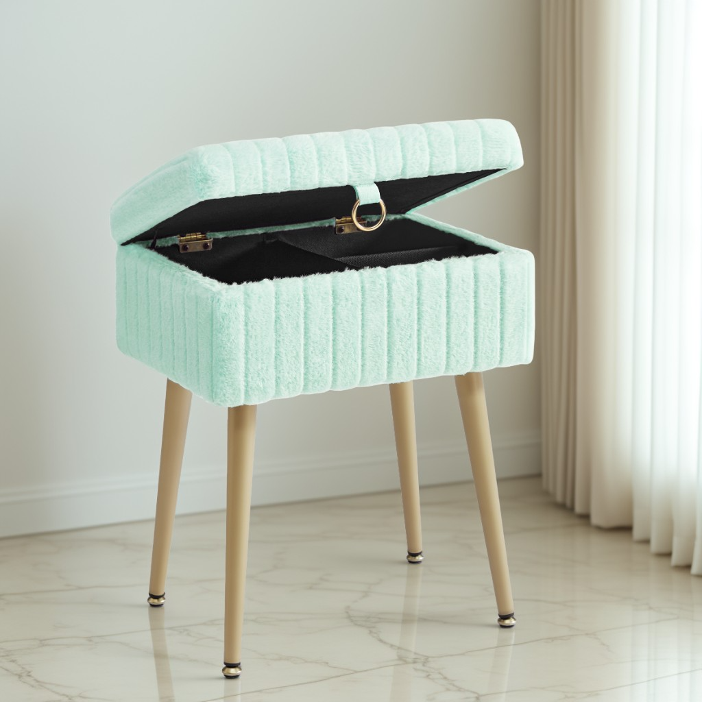 Vanity Stool with Storage and Removable Dividers, Makeup Stool and Footrest with Adjustable Feet for Bedroom and Living Room, Moonlight Green