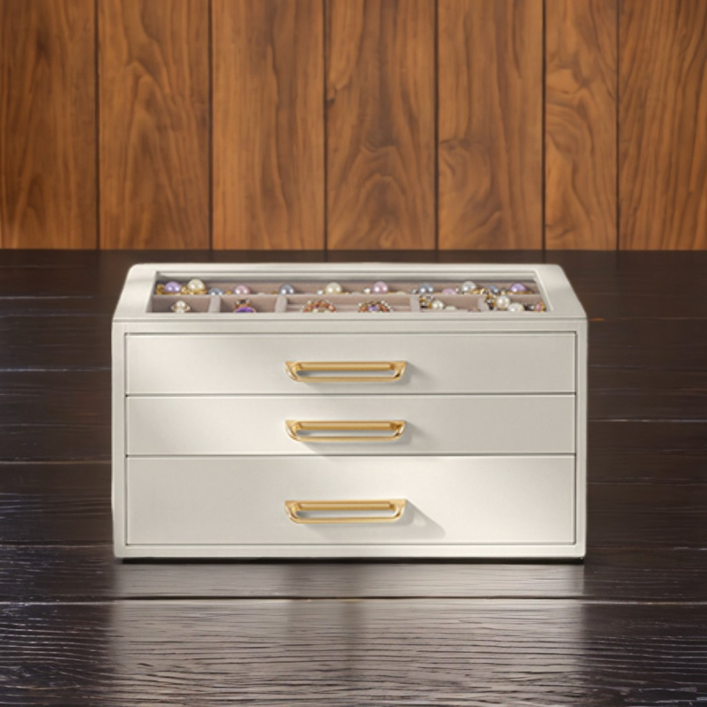 3-Layer Jewelry Box with Glass Window, Jewelry Storage Organizer with 3 Drawers and Golden Handles, Cream White, 6.3 x 9.4 Inches
