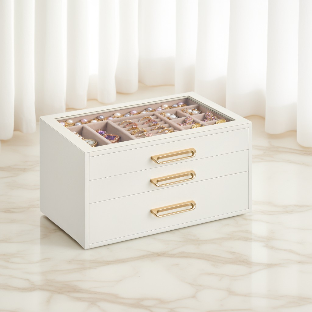3-Layer Jewelry Box with Glass Window, Jewelry Storage Organizer with 3 Drawers and Golden Handles, Cream White, 6.3 x 9.4 Inches