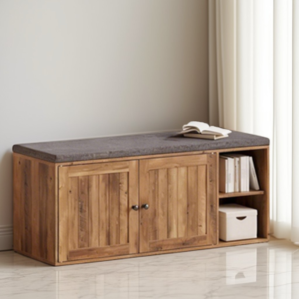 Entryway Shoe Bench with Toolless Assembly, Storage Bench with Cushion & Adjustable Shelves, 40.2 x 17.3 x 14 Inches, Honey Brown and Slate Gray
