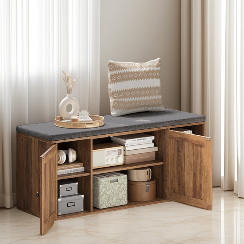 Entryway Shoe Bench with Toolless Assembly, Storage Bench with Cushion & Adjustable Shelves, 40.2 x 17.3 x 14 Inches, Honey Brown and Slate Gray