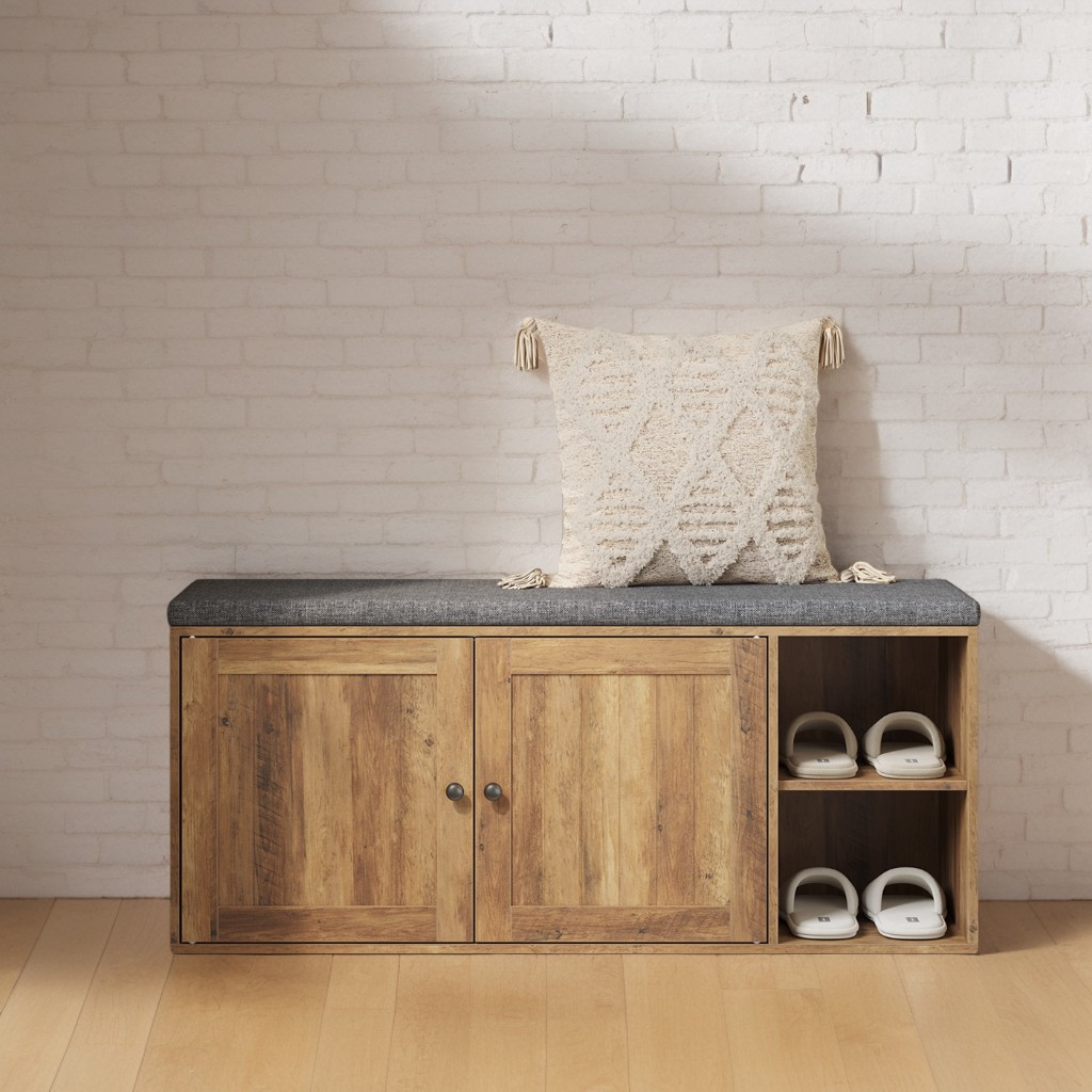 Entryway Shoe Bench with Toolless Assembly, Storage Bench with Cushion & Adjustable Shelves, 40.2 x 17.3 x 14 Inches, Honey Brown and Slate Gray