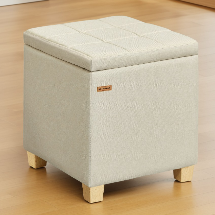 Square Storage Ottoman with Hinged Lid, 14-Gallon Footrest Stool with Solid Wood Frame, for Living Room, Bedroom, 16.9 x 18.1 x 16.9 Inches, Summer Sand