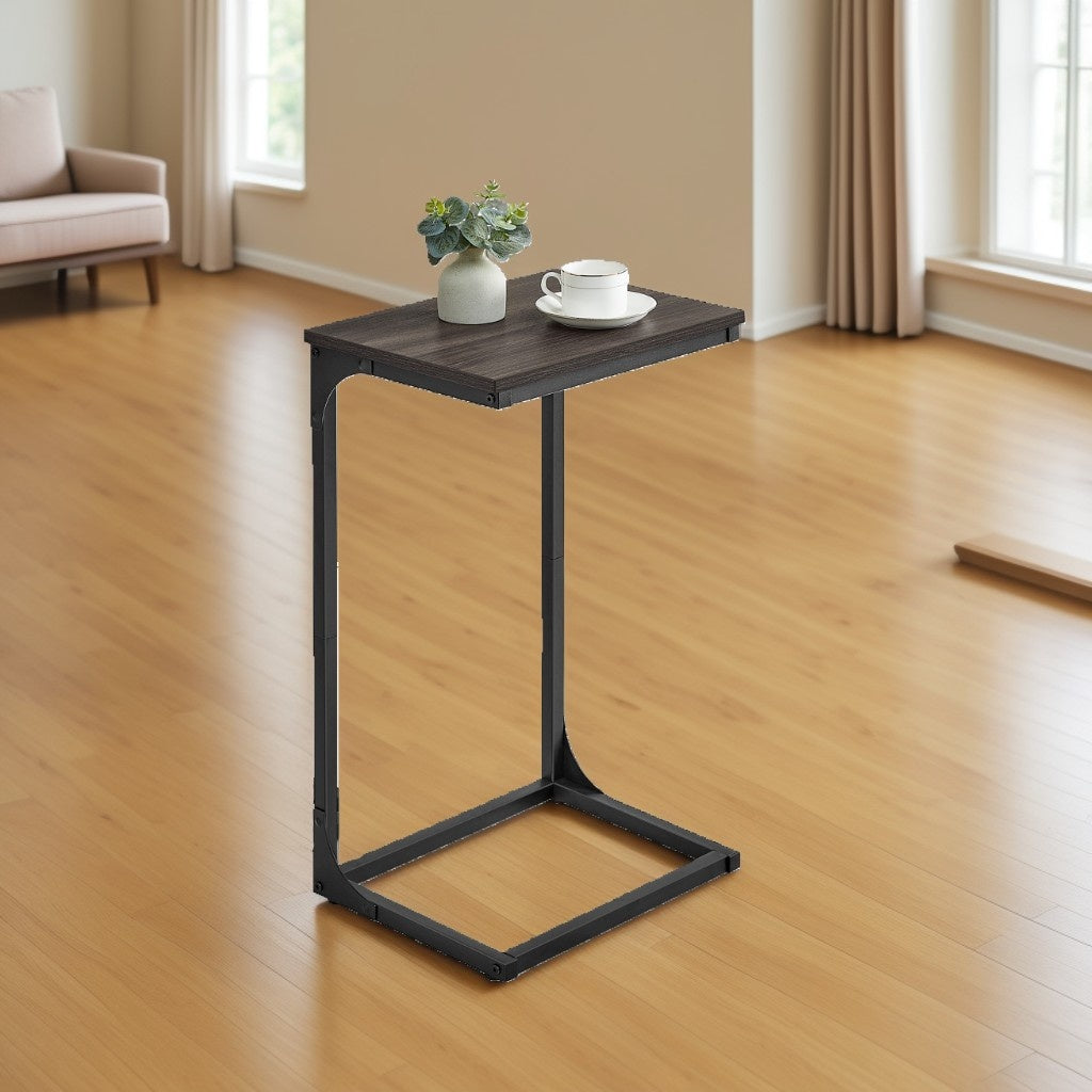 C-Shaped End Table for Sofa, Side Table with Metal Frame & Adjustable Feet, Small TV Tray for Living Room, Bedroom, 15.7 x 26.3 x 11.8 Inches, Chestnut Brown and Black