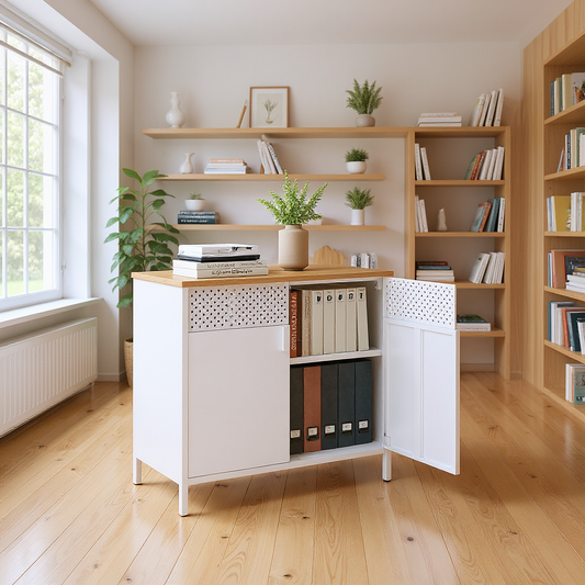 Industrial Storage Cabinet - 31.5" Sideboard with 2 Doors, Adjustable Shelf & Ventilation, Steel Frame, Natural Beige and White