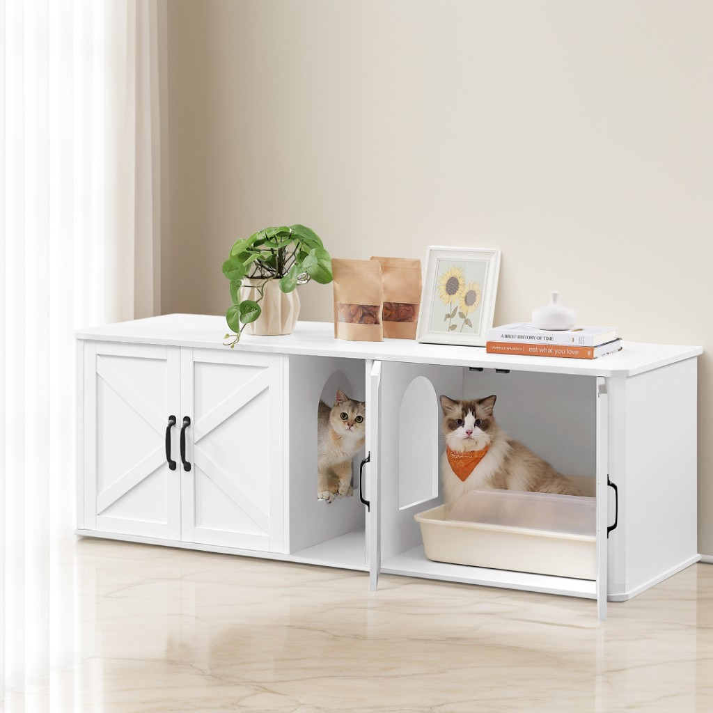 Double Cat Litter Box Enclosure for 2 Cats, Hidden Litter Box Furniture with Front Entry, Side End Table & TV Stand, 59 x 19.5 x 20 Inches, Cloud White