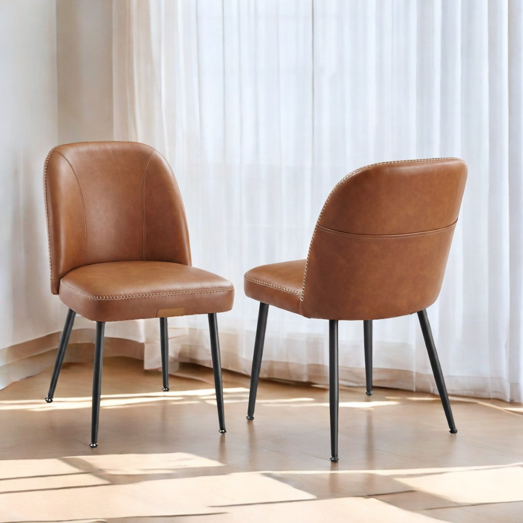 Set of 2 Mid-Century Modern Dining Chairs with Storage Pocket, Upholstered Kitchen Chairs with Synthetic Leather & Stitching, Award-Winning Design, Caramel Brown