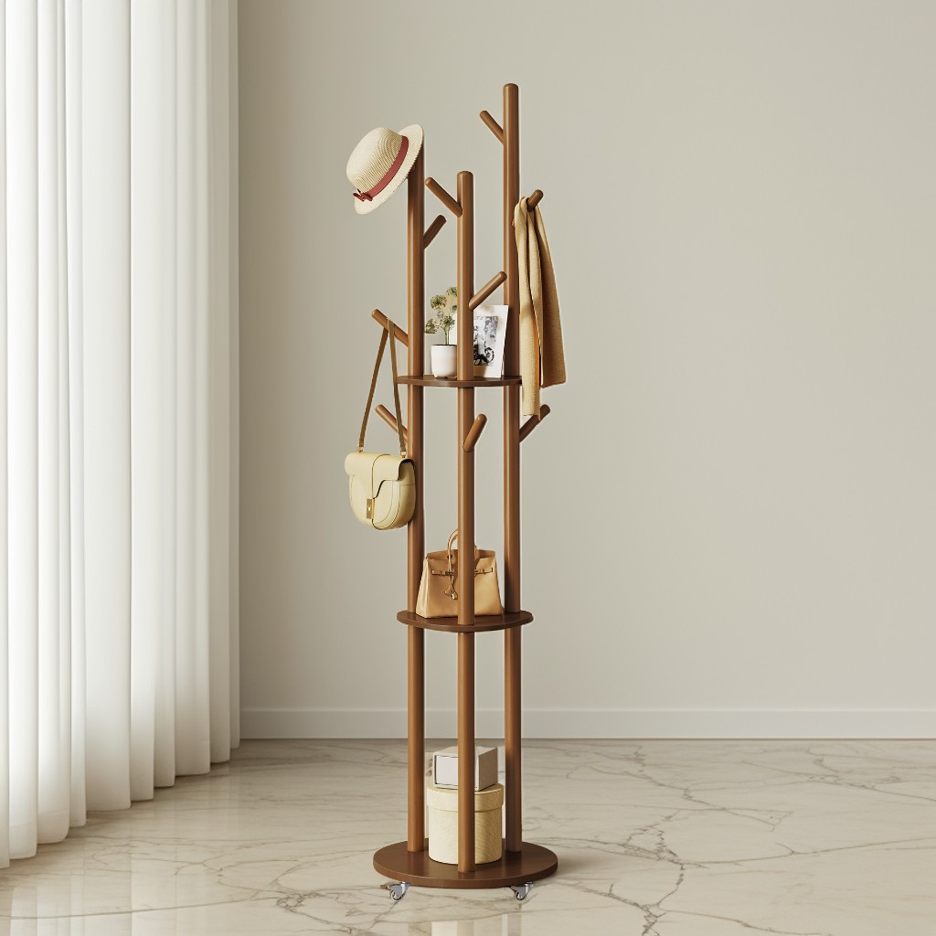 Freestanding Coat Rack Stand with 11 Hooks & 3 Shelves, Wooden Coat Tree with Removable 361° Swivel Wheels, for Entryway, Bedroom, Walnut Brown